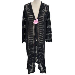 🆕Hand-Crocheted Long Duster Coat | 100% Cotton | Dramatic Flounce Lapel | USA